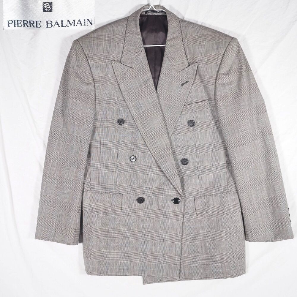 Pierre Balmain Double Breasted Glen Plaid Blazer Grey Mens 42S See Photos
